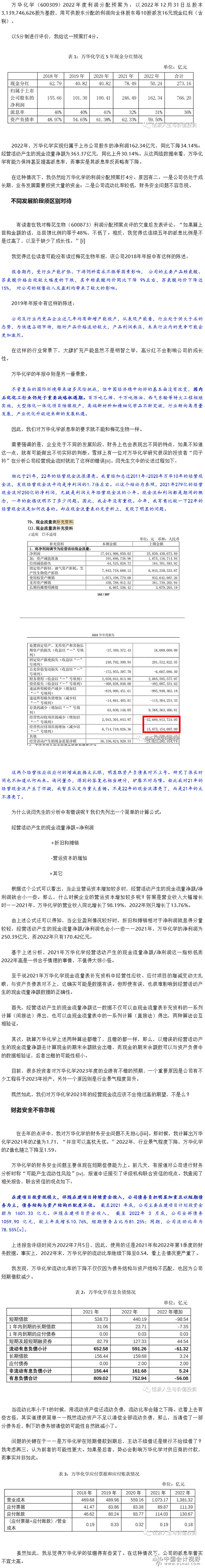 万华化学2022年度利润分配预案点评
