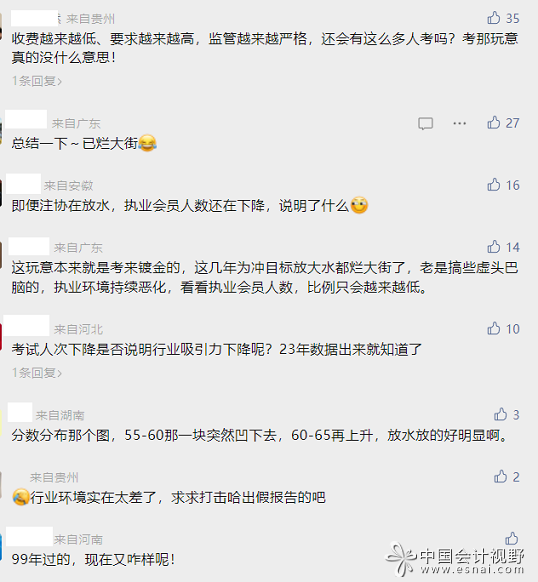 会计雅苑转发《2022年注册会计师全国统一考试分析报告》的精选留言，大概可以说明一些原因。